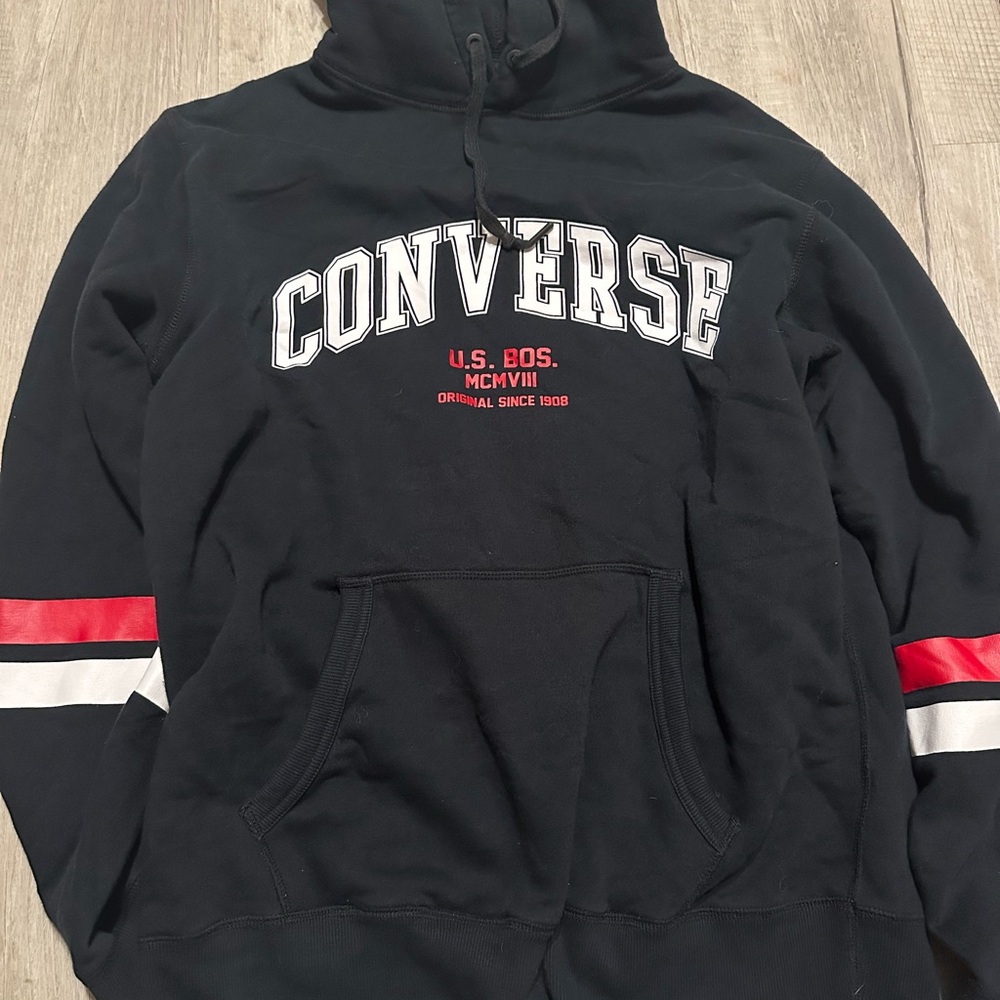 Converse Black Hoodie with Red & White Sleeve Stripes